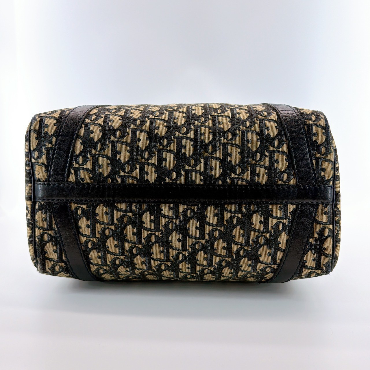 Auth Christian Dior Trotter Pattern Canvas Beige Navy Boston Bag 303Q1