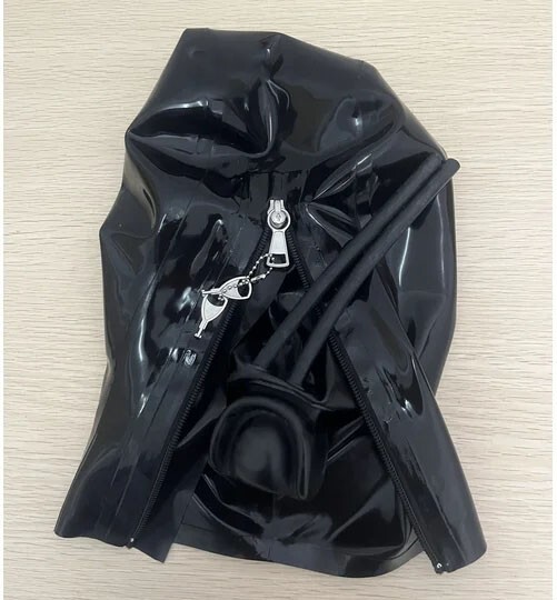Latex Hood Rubber Mask with Black long nose tube&braces for Fetish clubwear US