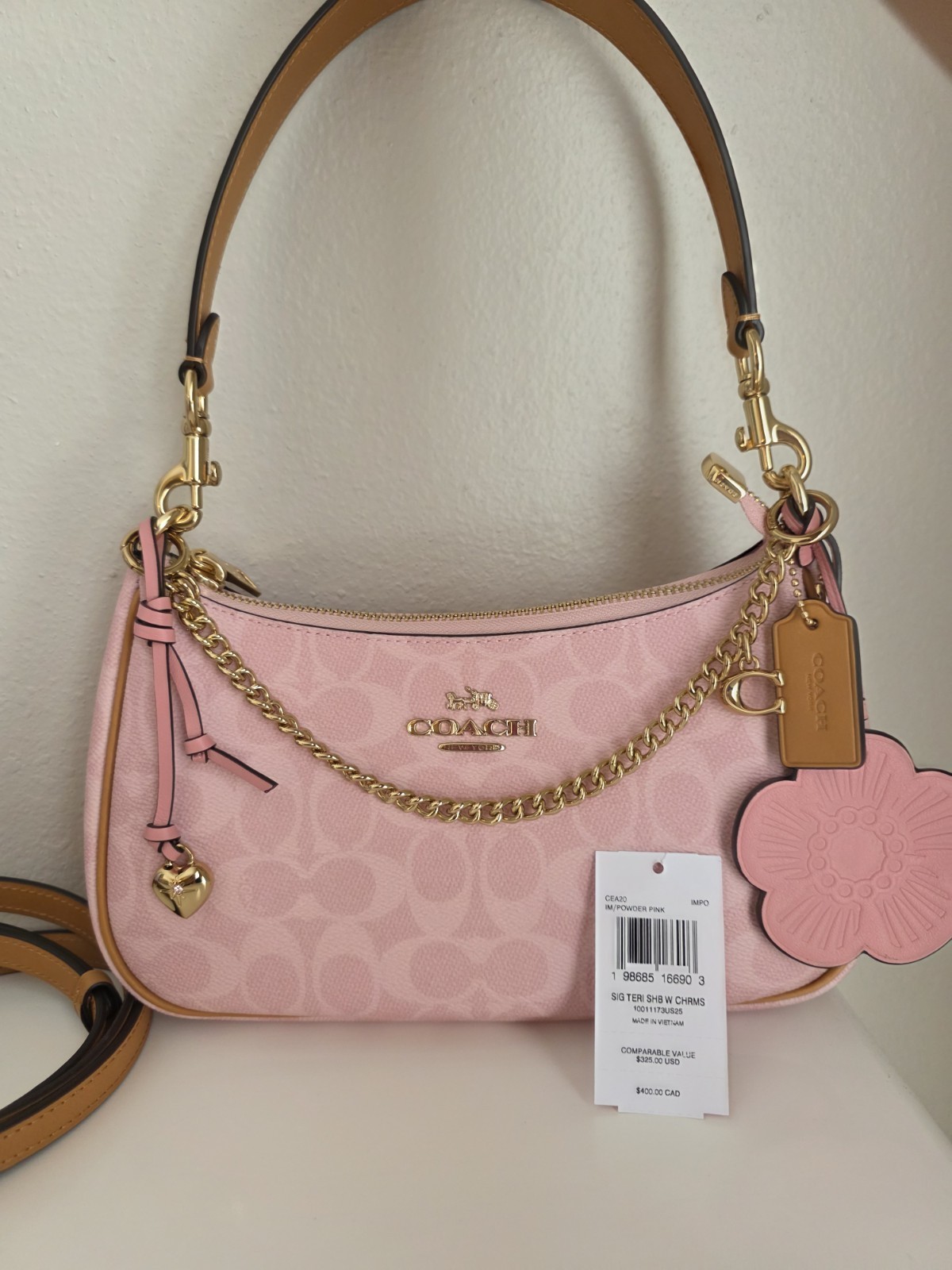 NWT Coach Gold Powder Pink Teri Shoulder Bag Signature with Charms CEA20