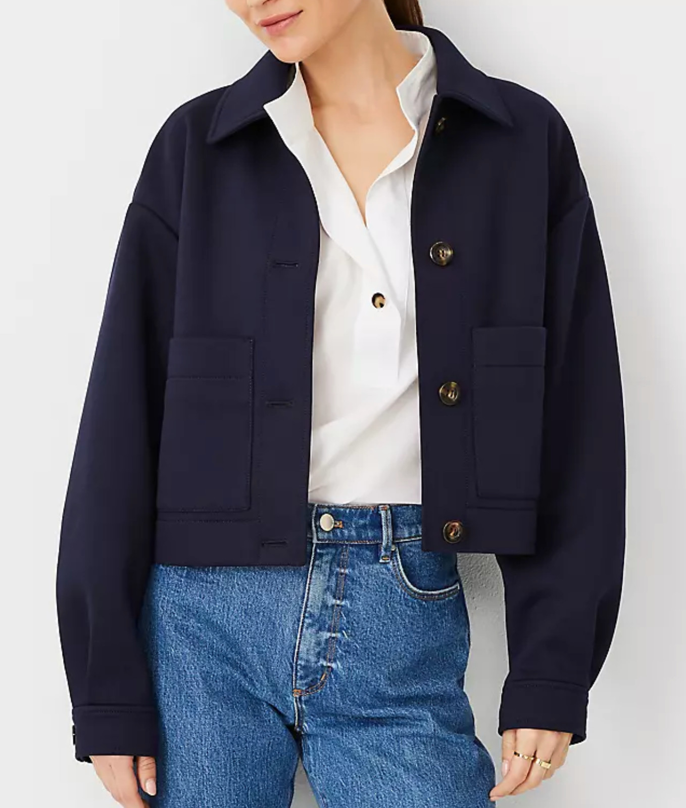 NEW ANN TAYLOR AT WEEKEND NIGHT SKY BLUE PETITE CROPPED SHIRT JACKET LP L