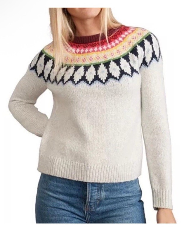 Marine Later Fair Isle Yoke Cream Multi Color Nordic Pattern Crew Pullover