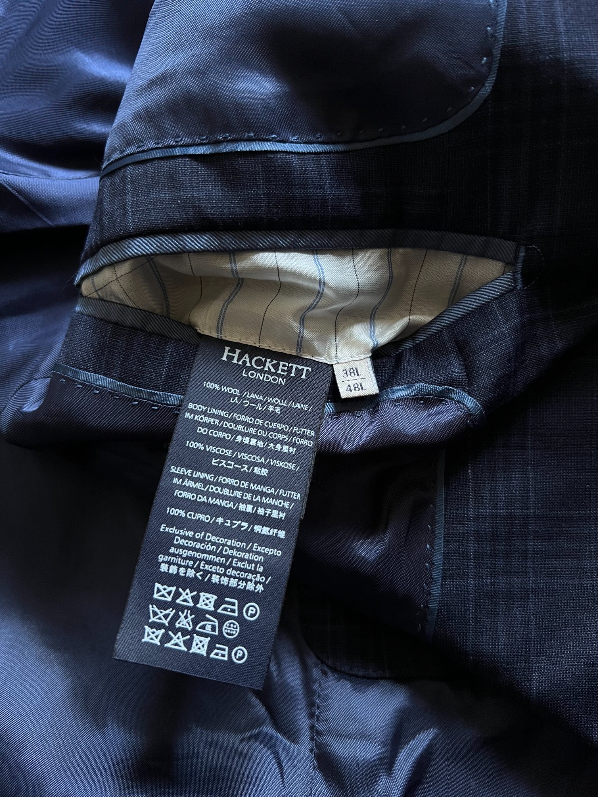 Hackett London x Loro Piana Mayfair Check 2 Piece Suit Navy Slim-Fit Size 38L, S