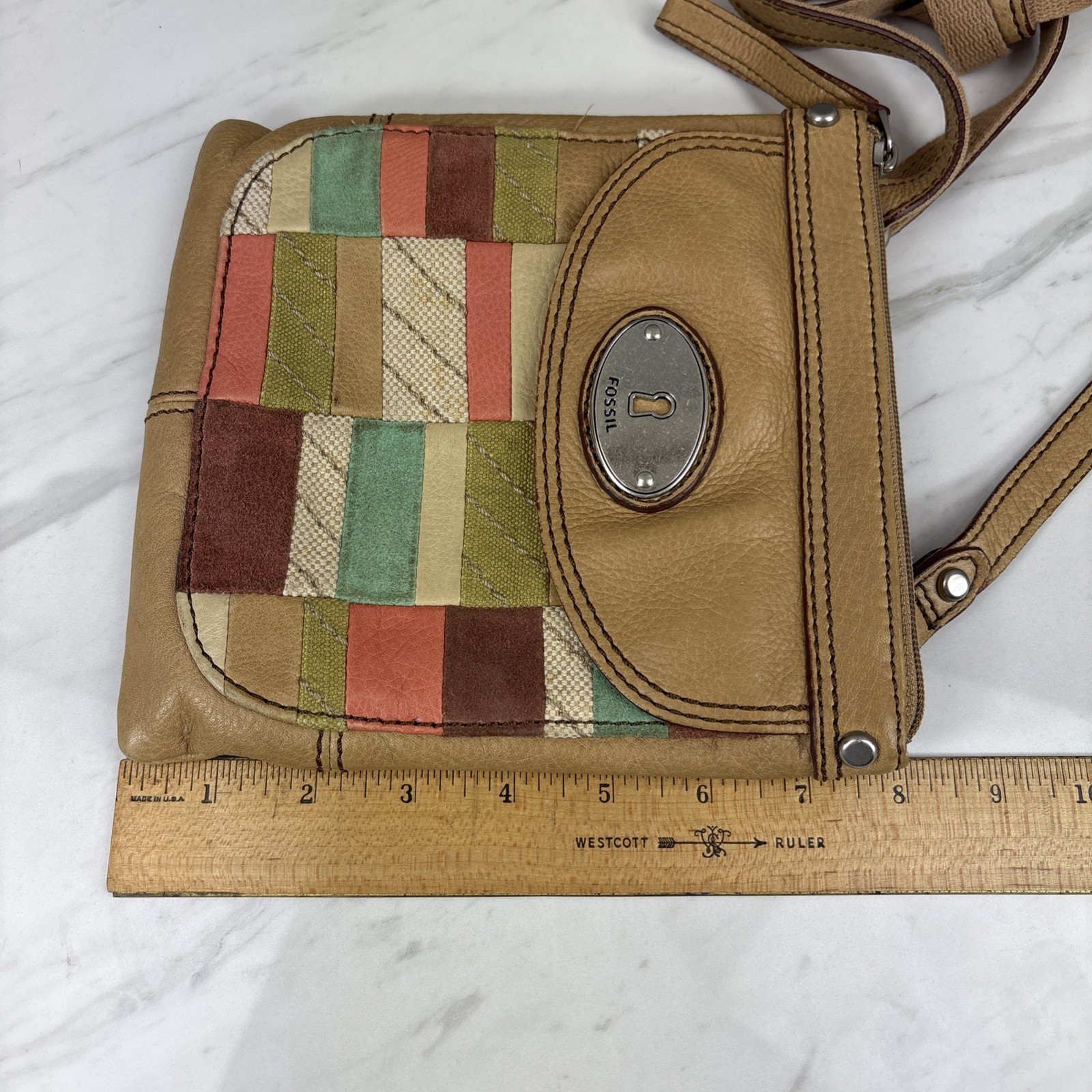 Fossil Maddox Patchwork Colorblock Lt Tan Leather Adj Strap Y2K Crossbody Purse