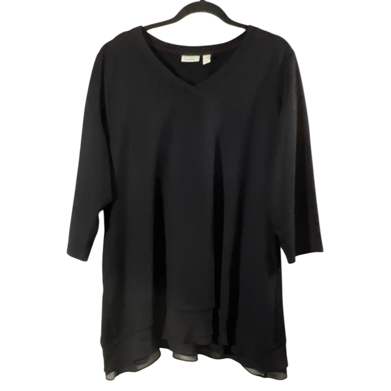 LOGO Lounge Tunic Sweater Womens XL Black Sheer Hem Layered 3/4 Sleeve Pockets