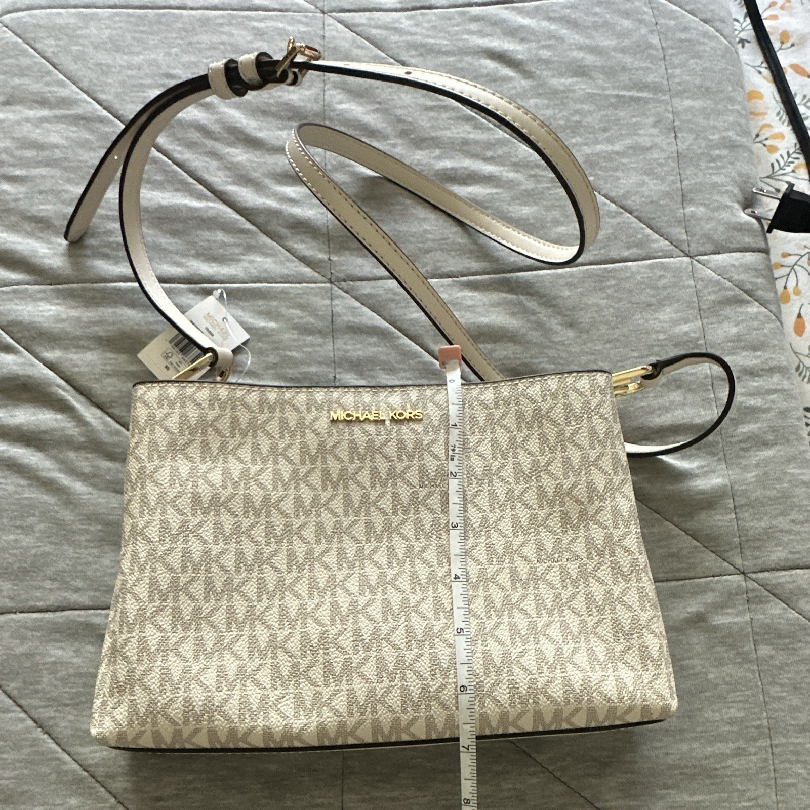 Michael Kors Signature Logo Medium Beige Zip Crossbody, Adjustable Strap,Pockets