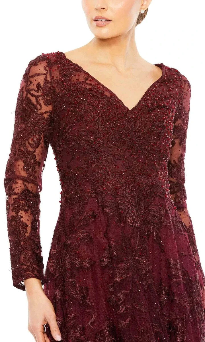 Mac Duggal Mahogany Burgundy Beaded Floral Embroidered Long Sleeve Gown 18 $798