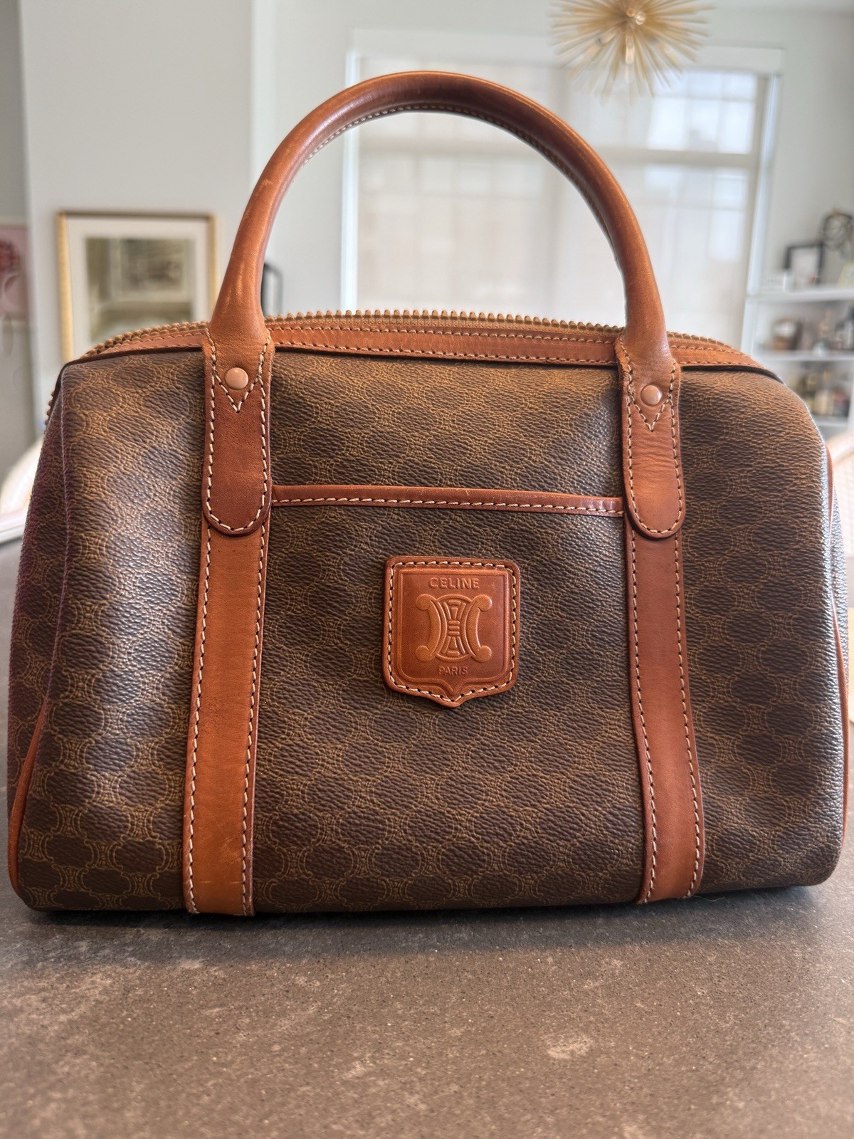 Authentic Vintage Celine Macadam Boston Bag Brown Leather Italy Satchel
