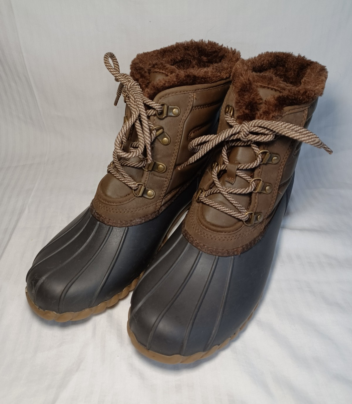 Baretraps women’s Duck Boots Brown/Black Faux Fur Lined Ankle Rubber Sole 9M