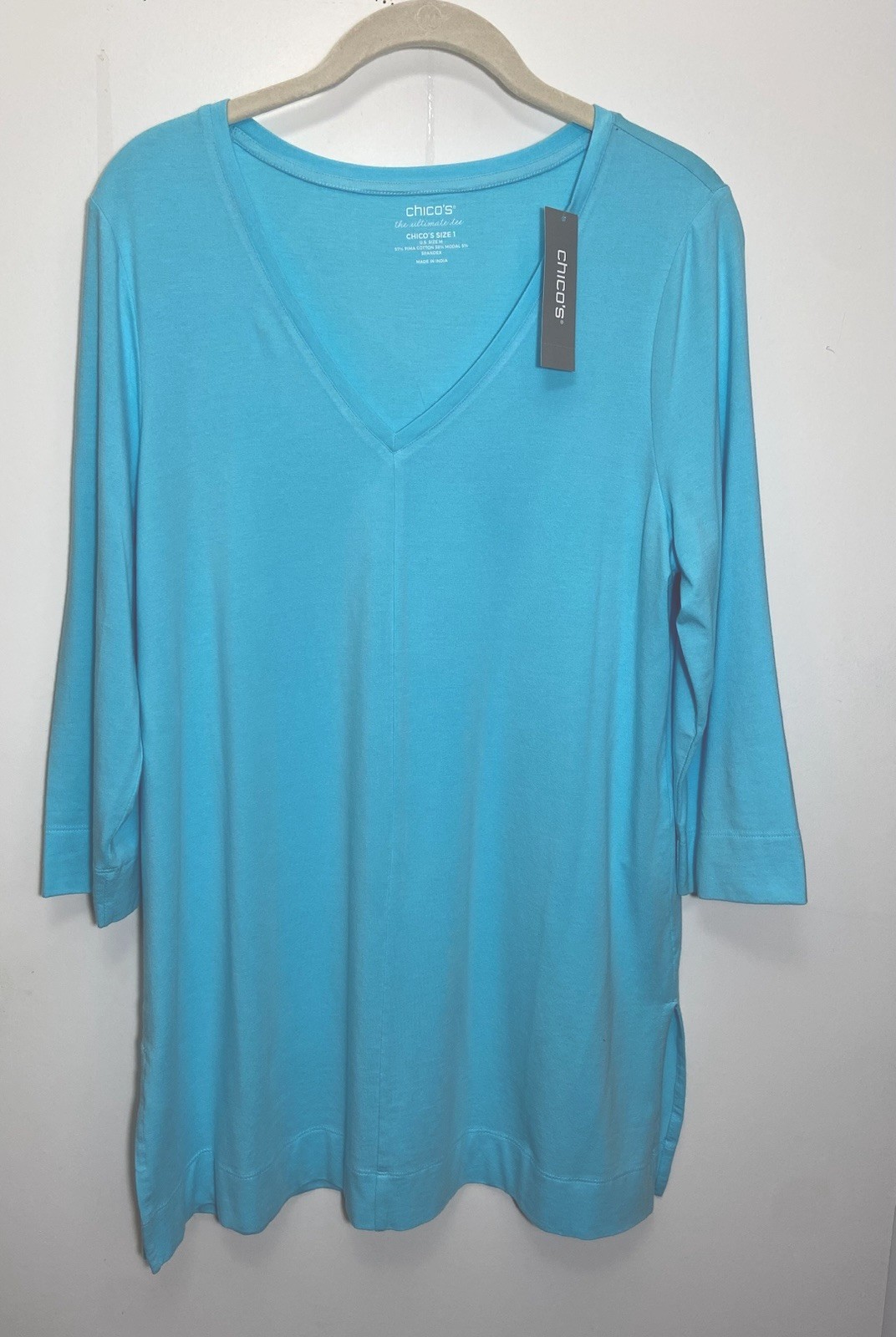 Chicos Size 1 Refined Jersey 3 Qtr sleeves Tunic Top V Neck Clear Aqua $55 NWT