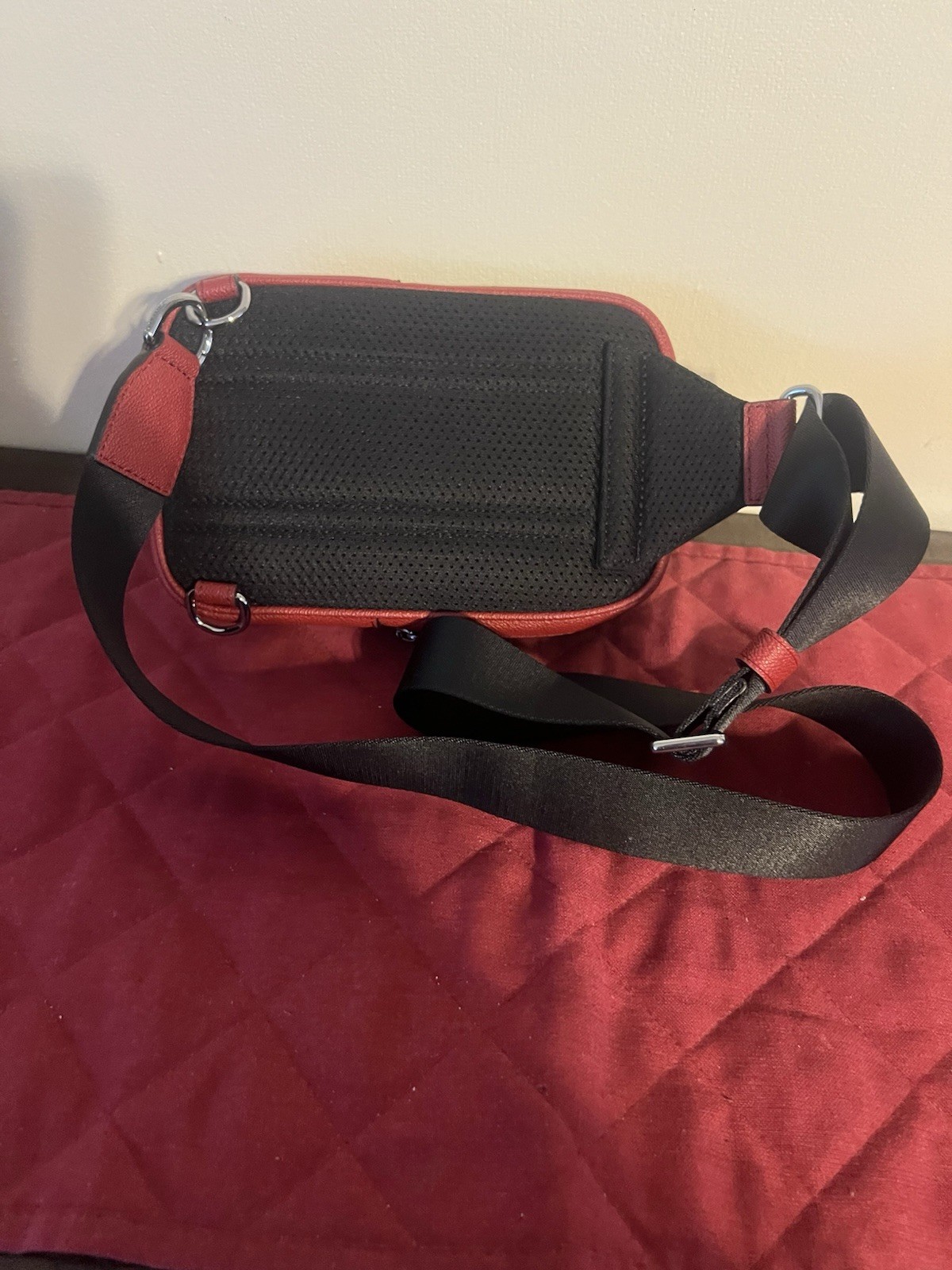 Michael Kors Logo Pattern Zip Small Crossbody Bag Red Black Silver Hardware