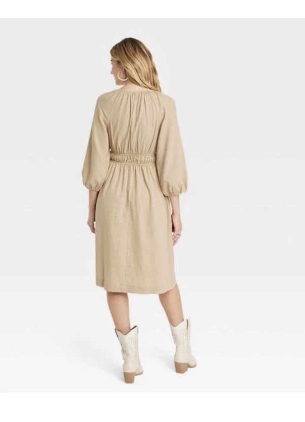 LINEN Blend Boho Cottage Midi Dress Medium M Smocked Beige Khaki Peasant Travel