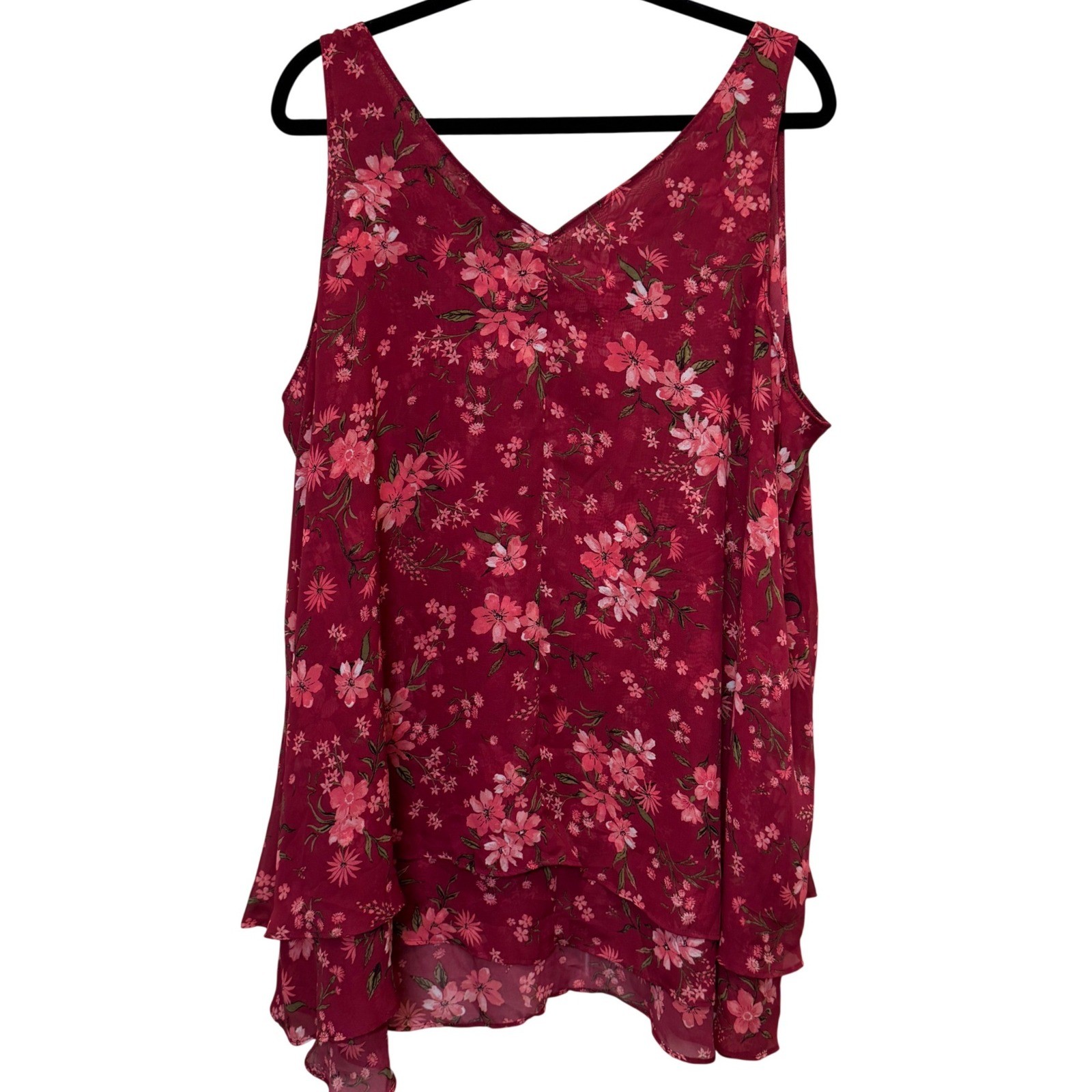 Lane Bryant Womens Blouse 22L Burgundy Pink Floral Tiered Chiffon Boho V-Neck