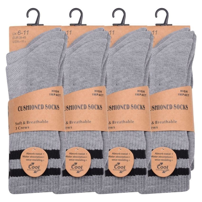 3 6 Pack Men’s White Black Grey Athletic Sports Socks Crew Stripe Tube Socks