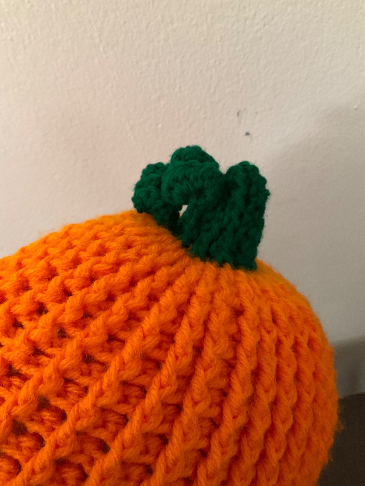 Adult Crochet Pumpkin Beanie Handmade Orange Green Stem Fall Knit Yarn Hat