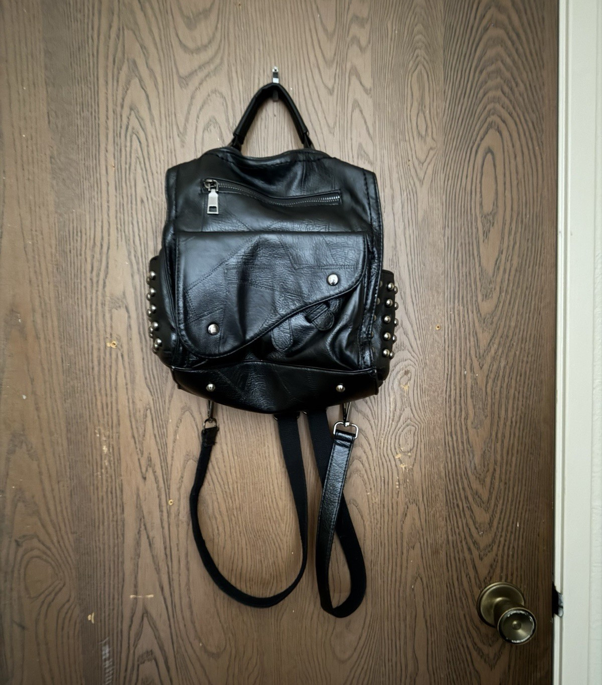UTO Women’s Black Studded Backpack Silver Hardware Zip/Magnetic, Outer Pockets