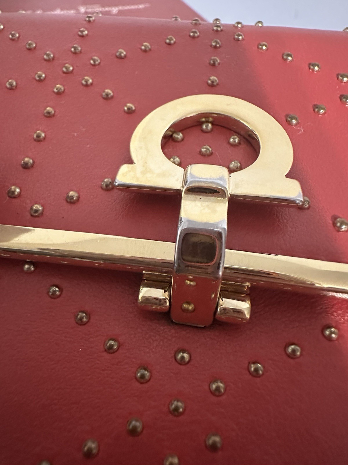 Salvatore Ferragamo Women’s Bifold Wallet, Red Solid, Studded Logo, Gold Tone