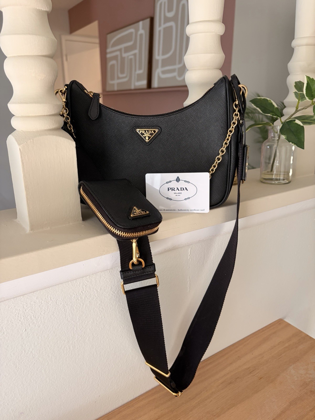 PRADA Re-Edition 2005 Saffiano Leather Designer Bag Gold Chain Adjustable Purse