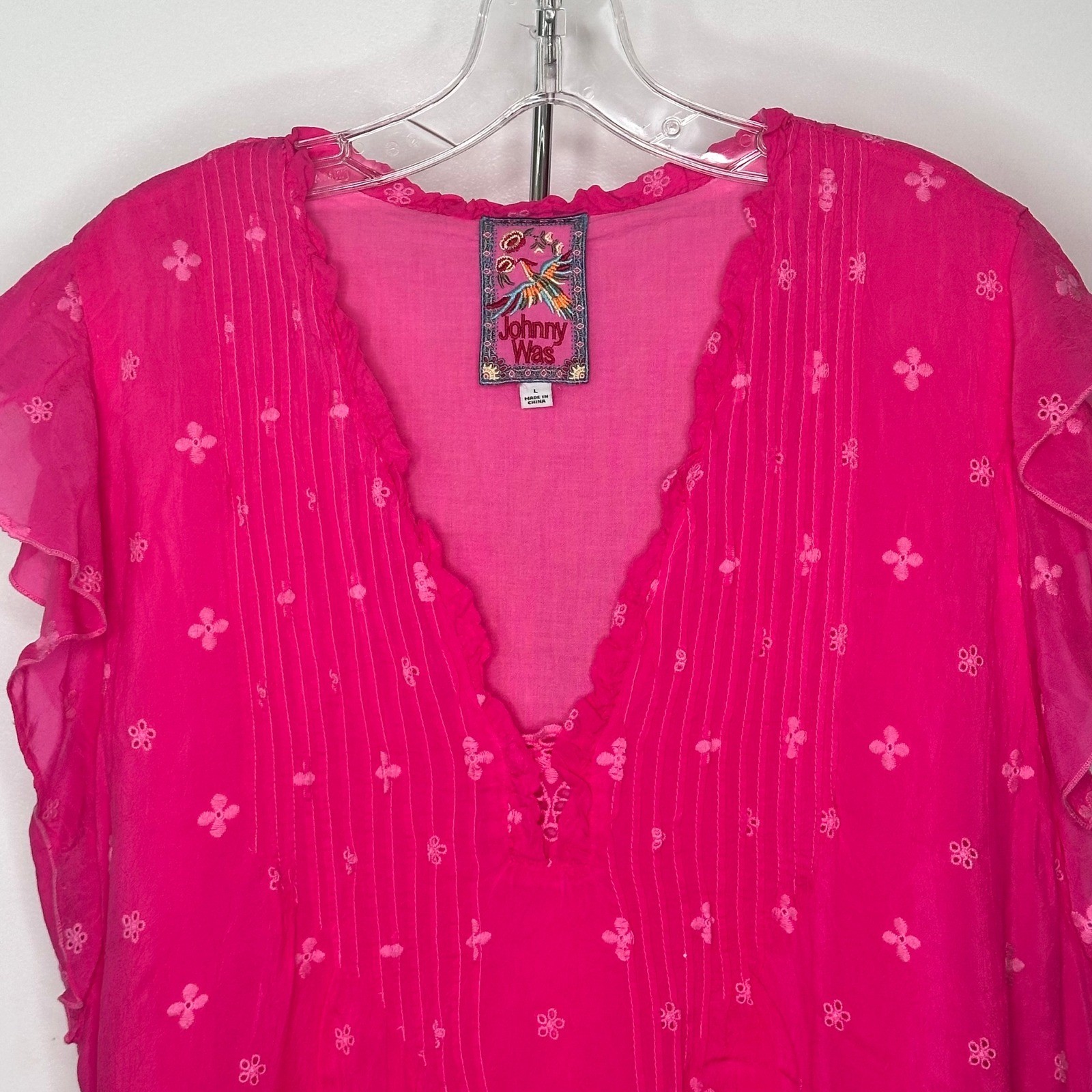 Johnny Was Hot Pink Embroidered Silk Blend Tunic Top Lace Trim V-Neck Large