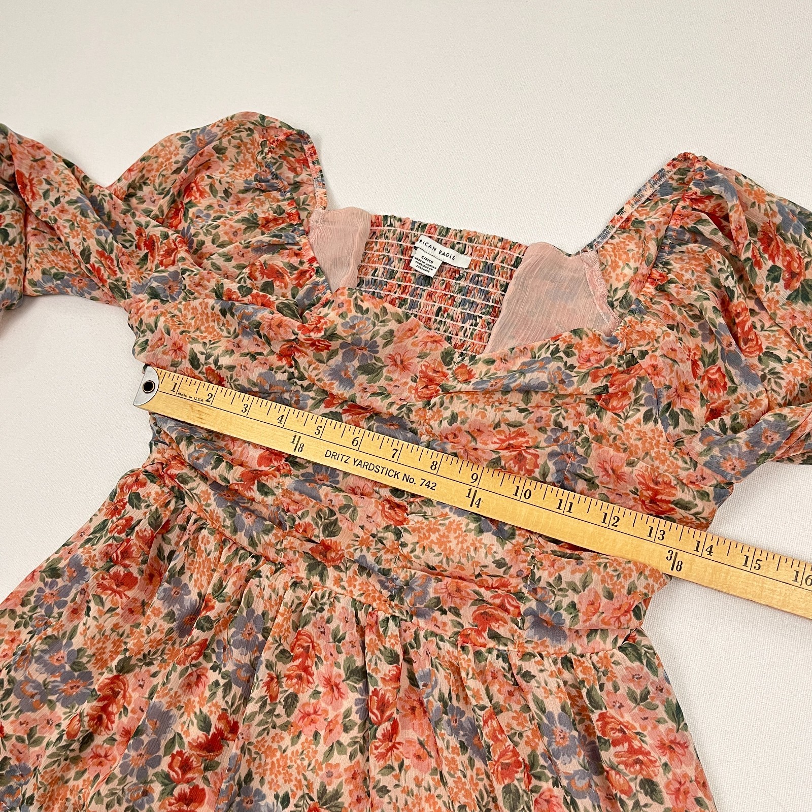 American Eagle Blouse Womens S Multi Floral Chiffon Ruched Babydoll Peasant Boho