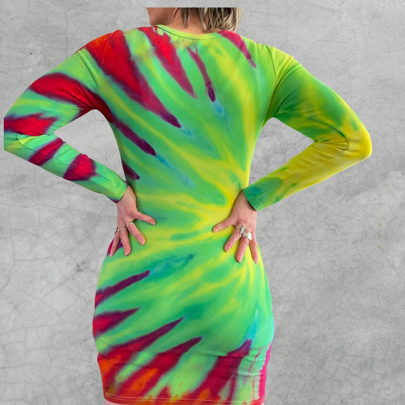 Ice Dyed Long-sleeve Dress – Tie Dye Hippie Boho Drippy Rainbow (Women’s Medium)
