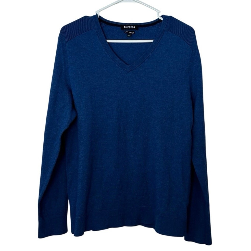 Express Men’s V-Neck Merino Wool Blend Long Sleeve Sweater Size XL Blue Office