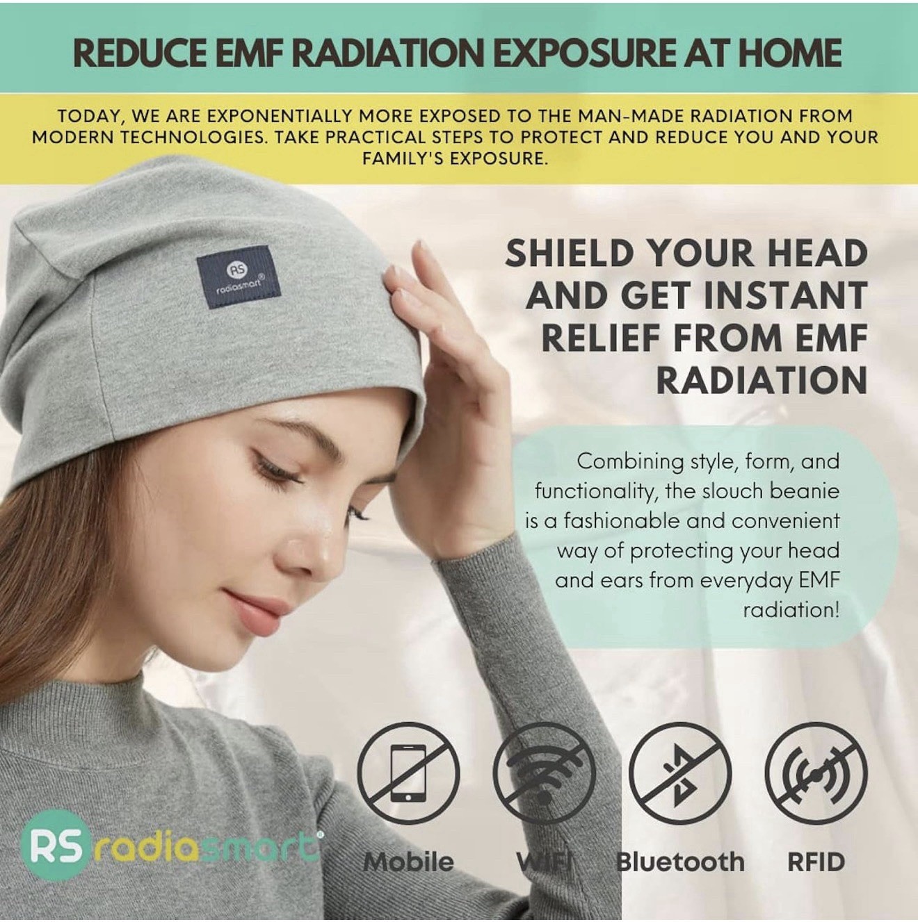 Radia Smart EMF Shield Beanie 5G RF WiFi Brain Protection Slouch Cap – Gray