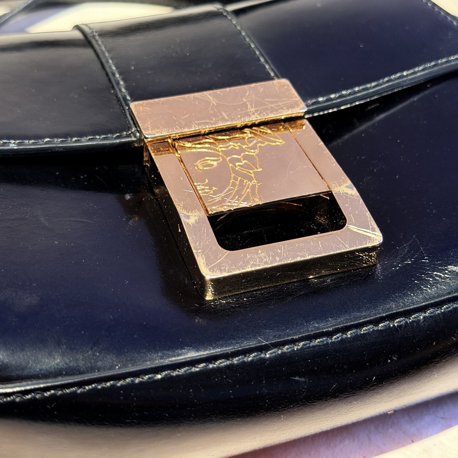 Authentic Versace Collection Black Patent Leather Crossbody Bag Medusa Clasp