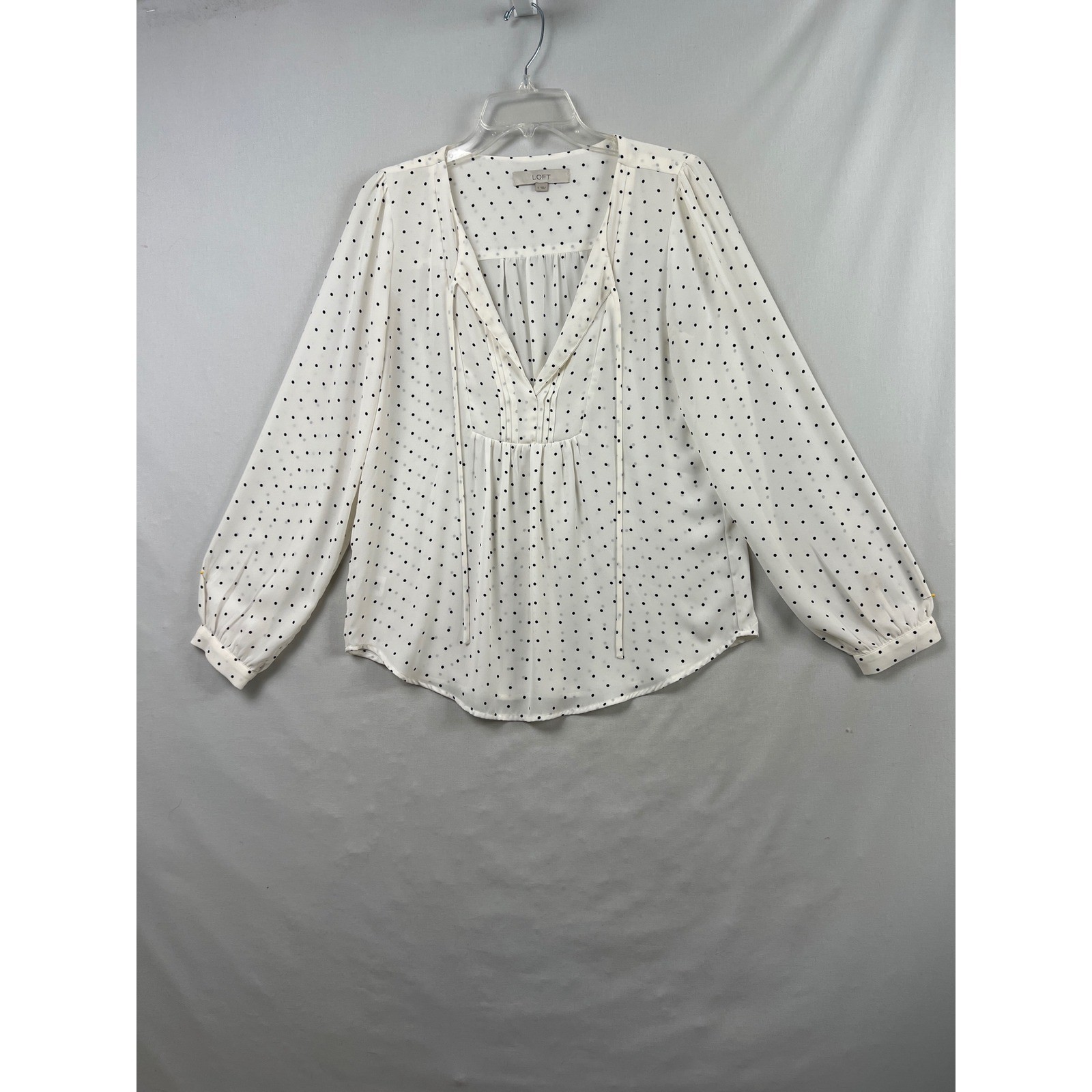 LOFT Blouse Womens Small White Polka Dot V-Neck Tie Long Sleeve Peasant Top