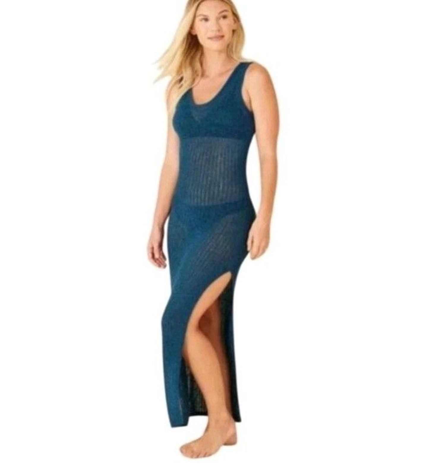 Shade & Shore Women’s Blue Crochet Maxi Cover Up Tank Dress Sheer Slit XL NWT