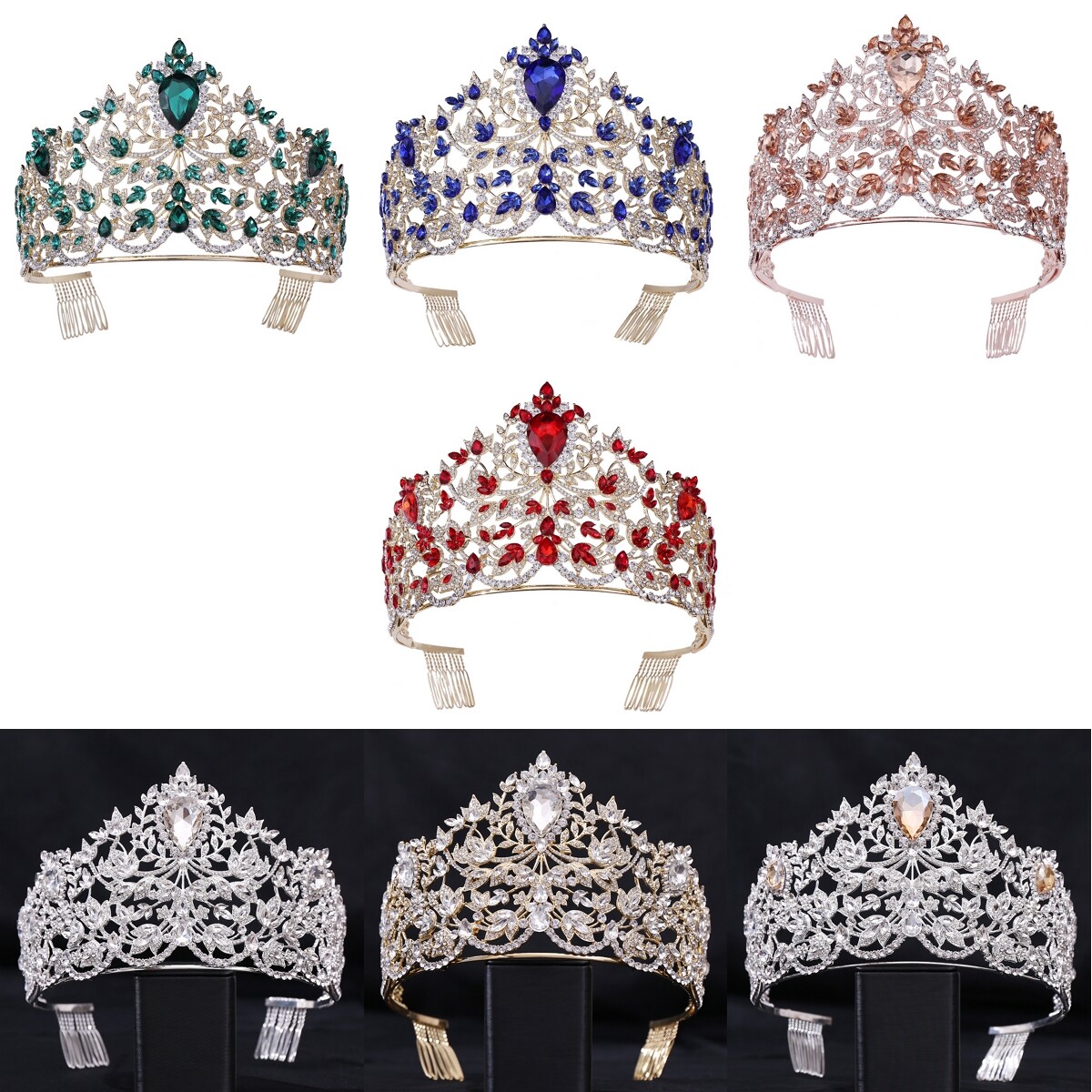 11cm Tall Crystal Large Wedding Queen Princess Prom Tiara Crown Combs 7 Colors