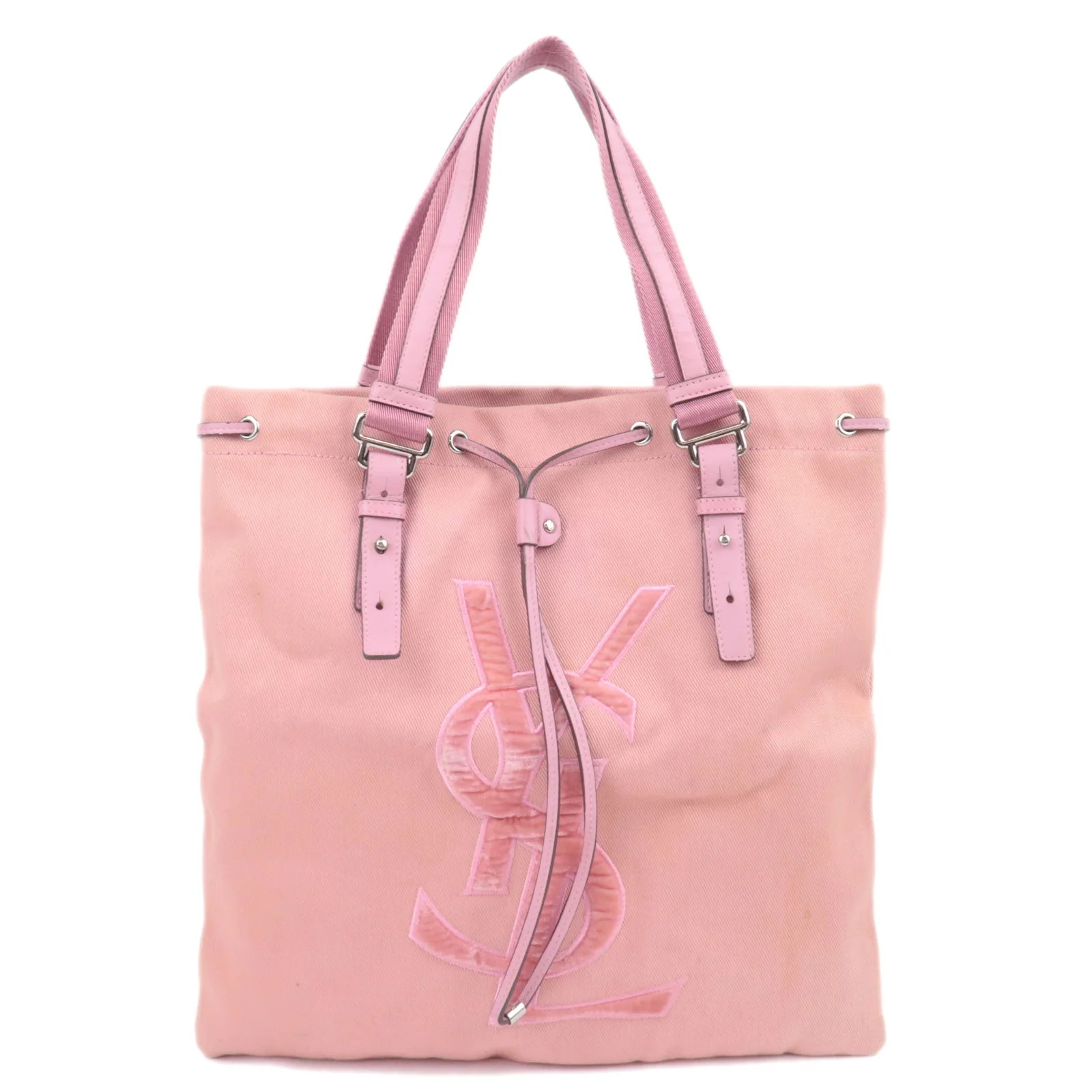 SAINT LAURENT YSL Kahala Canvas Velour Leather Tote Bag Pink 121631 Authentic