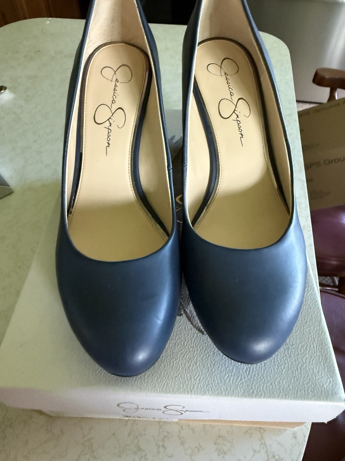 Jessica Simpson Women’s Blue Leather Wedge Pump Heels Round Toe Slip On 9M