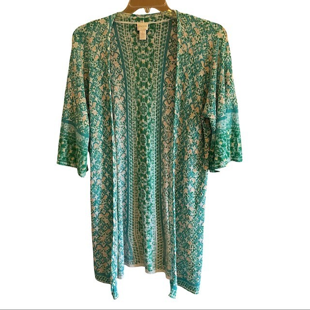 Chicos Soft Tile Stripe Duster Cardigan Sweater 2 L Turquoise Boho Open Front