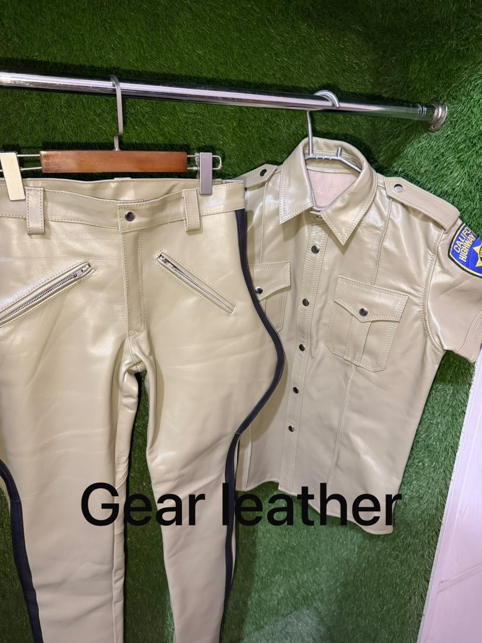 Men’s Real Soft Leather Highway Police Style CHP Uniform Sexy Motorcycle Suit