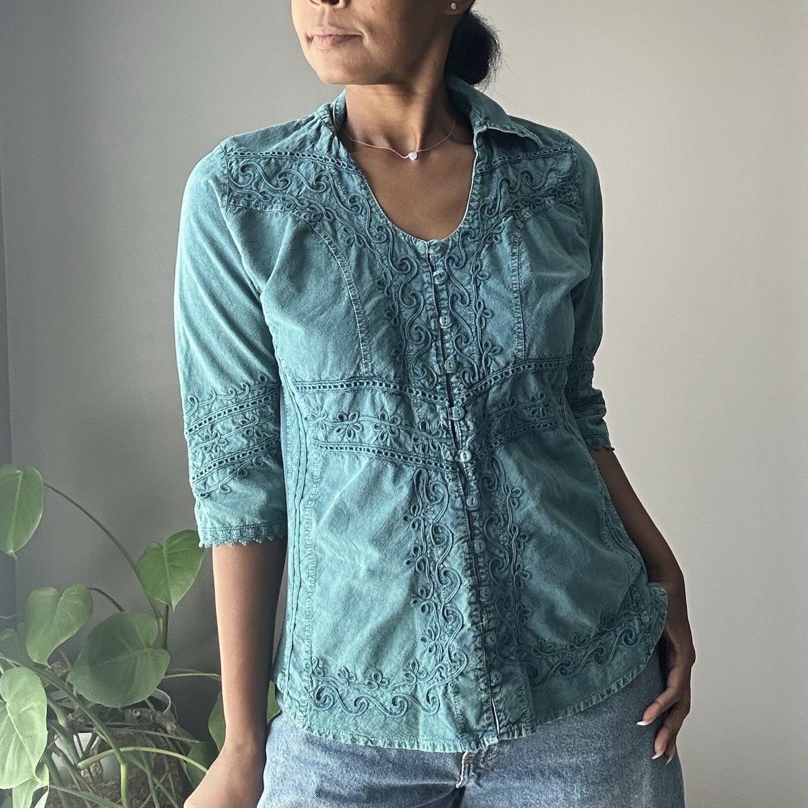 Inca Cottons Embroidered Collared Button Up Shirt Size Large Blue 100% Cotton
