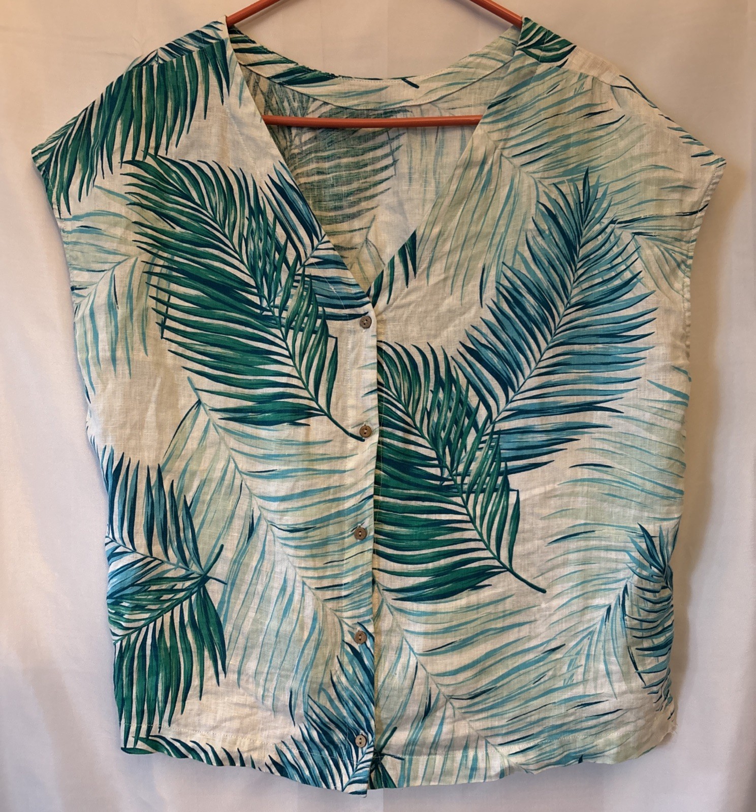 Tahari Linen Tropical Palm Leaves Cap Sleeve Button Up Boxy Blouse Size XL