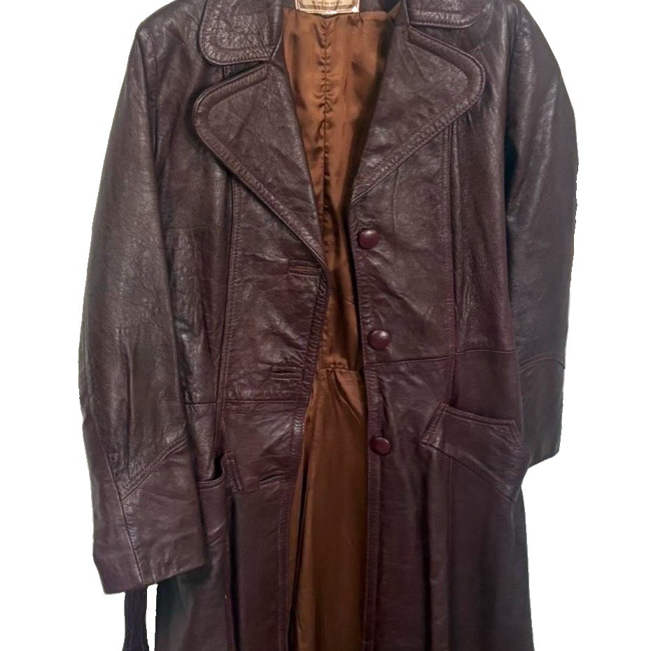 El Venado Women’s S Brown Burgundy Leather Trench Coat Belted Lined Buttons