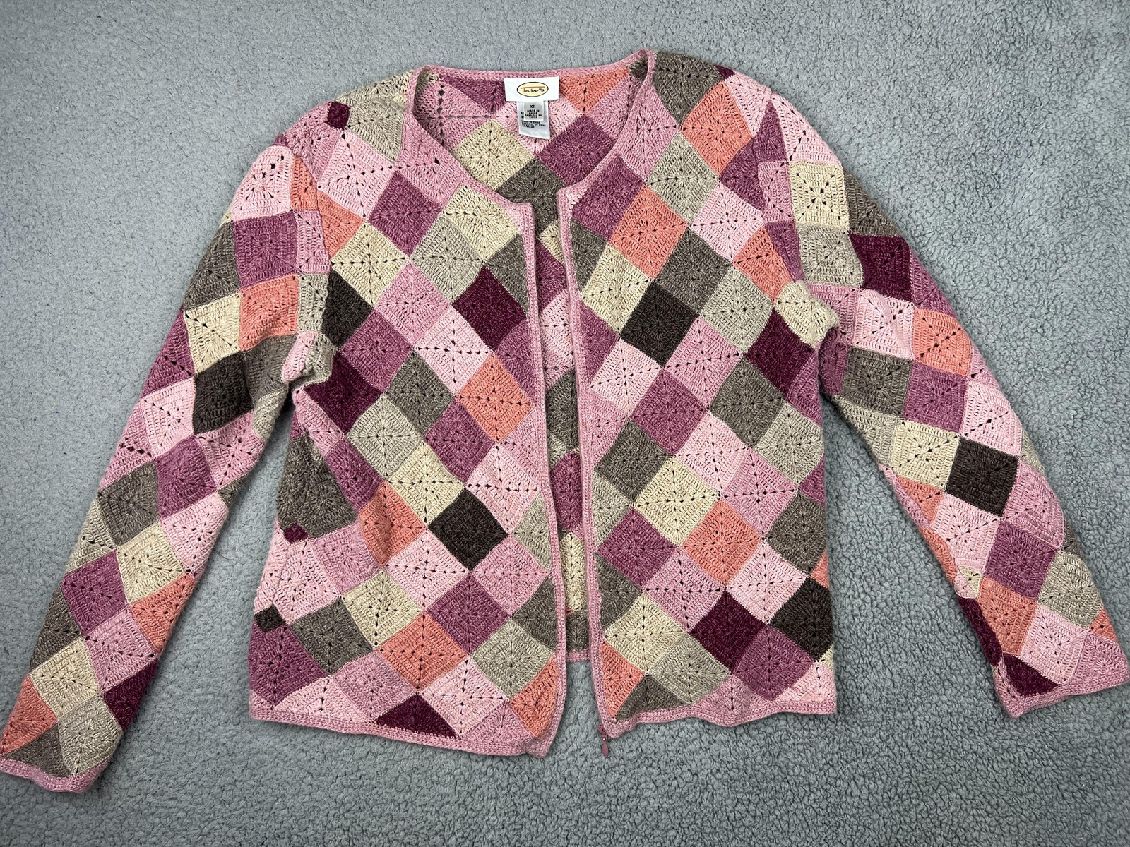 Talbots Cardigan Sweater Womens L/XL Pink Argyle Crochet Knit Zip Cottagecore