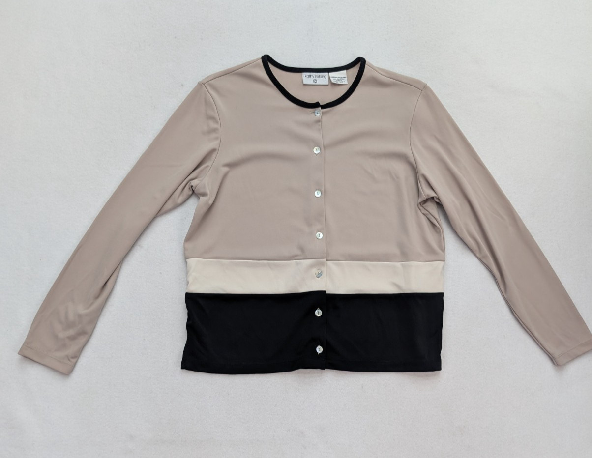 Kathy Ireland Women’s Cardigan Sweater Size M Beige Colorblock Lightweight