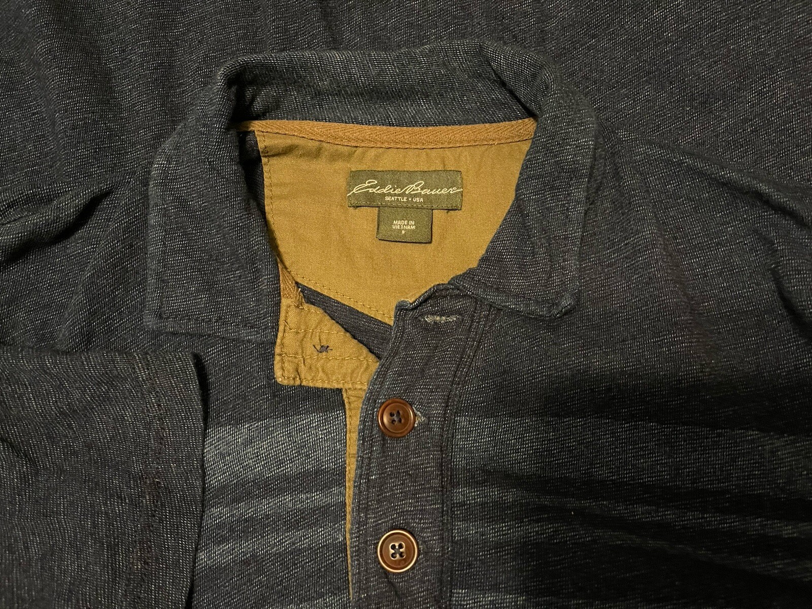 EDDIE BAUER CLASSIC LEGEND COTTON NAVY BLUE STRIPED POLO MEN SIZE SMALL EUC