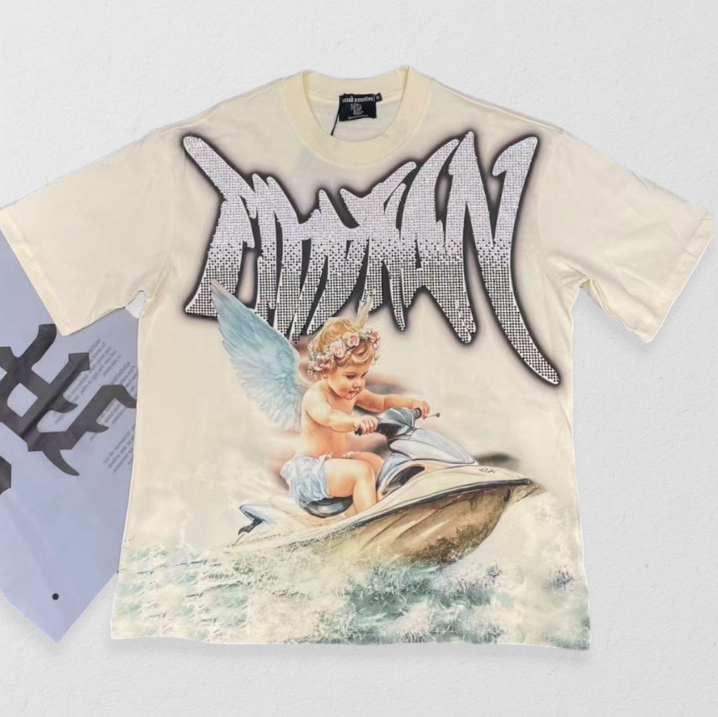 NEW Mixed Emotion Cream “Jetski” Rhinestone Tee Streetwear Graphic Cotton