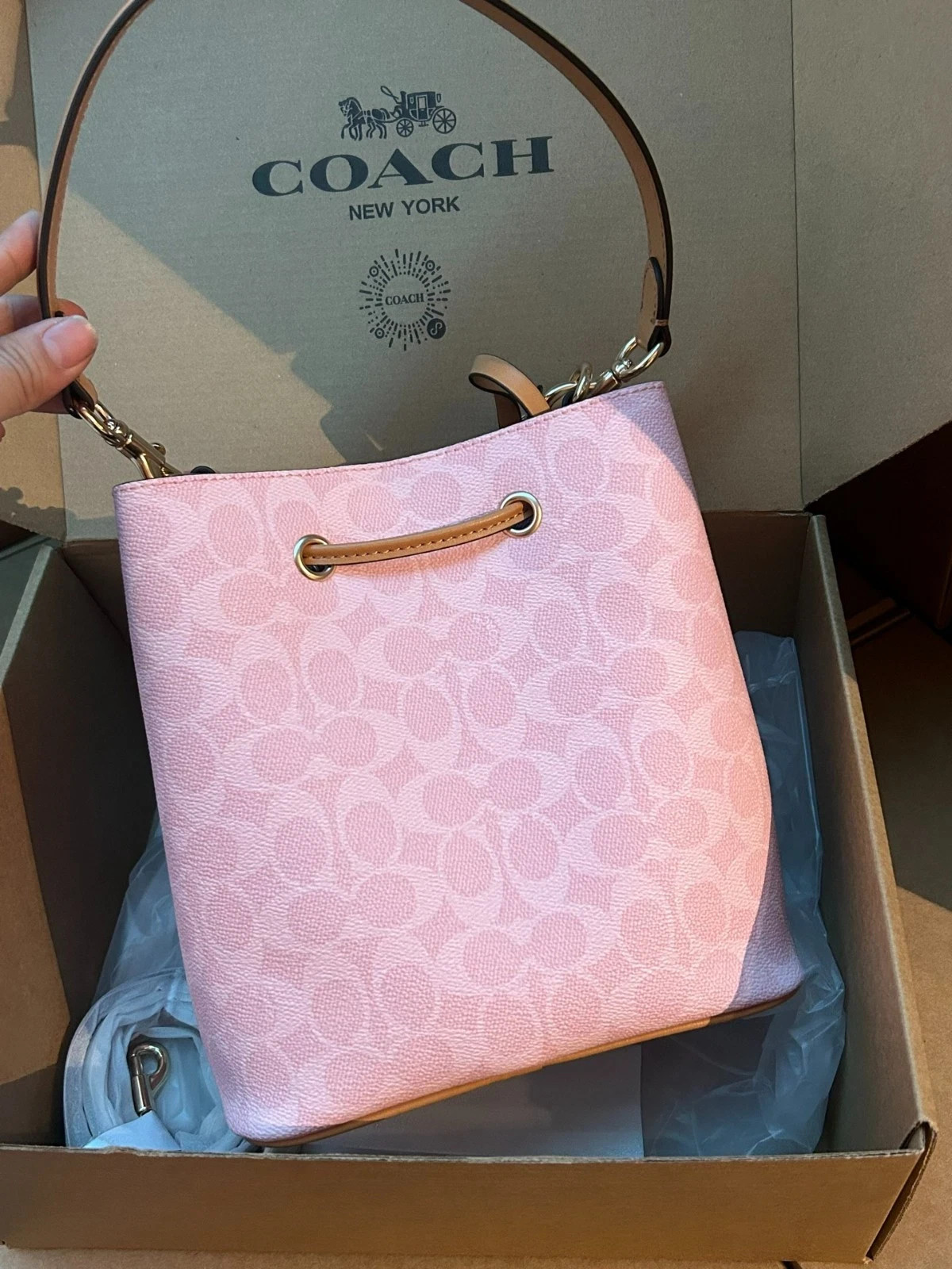 Coach CEA23 Rowan Bucket Bag In Signature Canvas With Charms Powder Pink