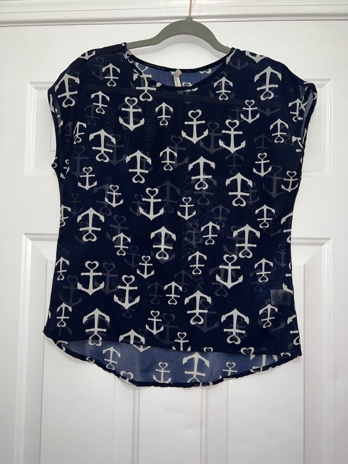 Womens Small Live 4 Truth Anchor Nautical Boat Heart Sheer Blouse Navy Blue