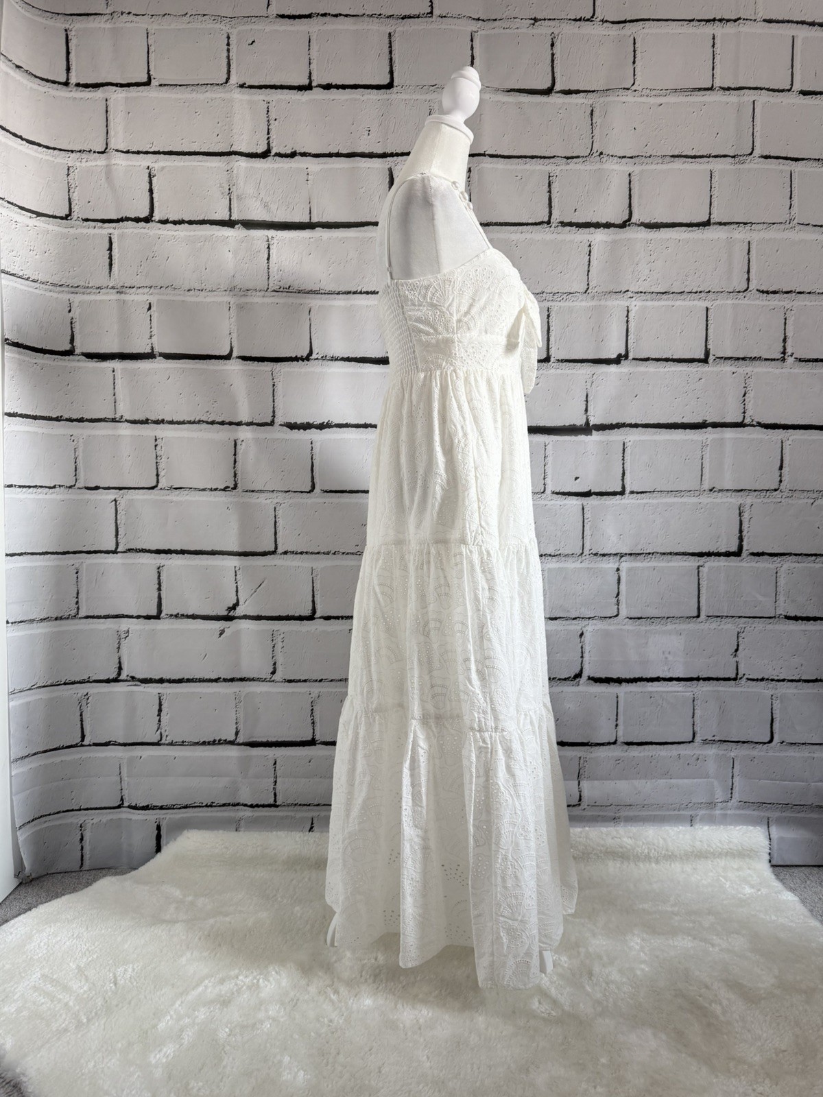 NWT House of Harlow 1960 White Eyelet Cotton Maxi Dress Smocked Back S