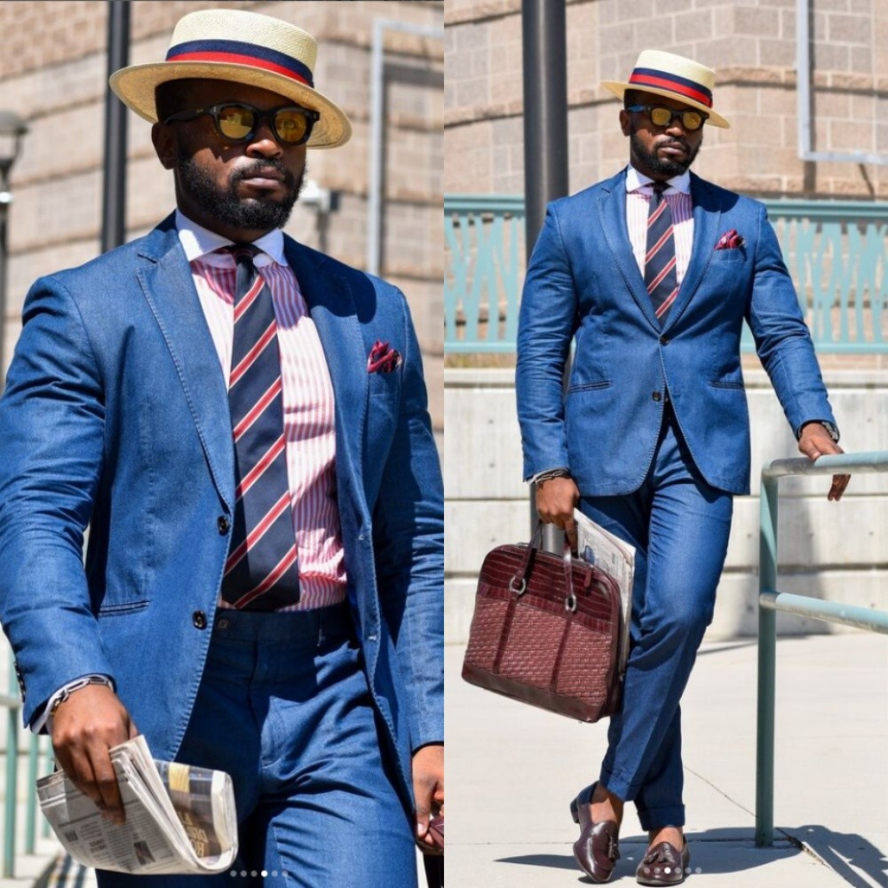Denim Men Suits Casual Vintage Party Prom Tuxedos Office Wedding Wear Men Blazer