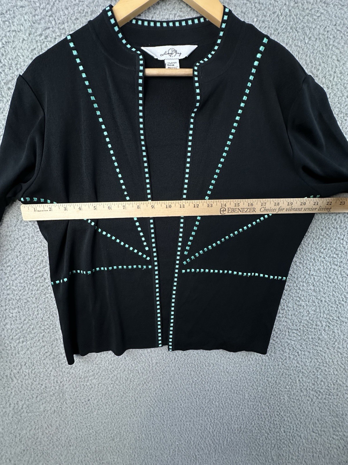 Ming Wang Jacket Womens PM Black Turquoise Open Front Cardigan Blazer Knit