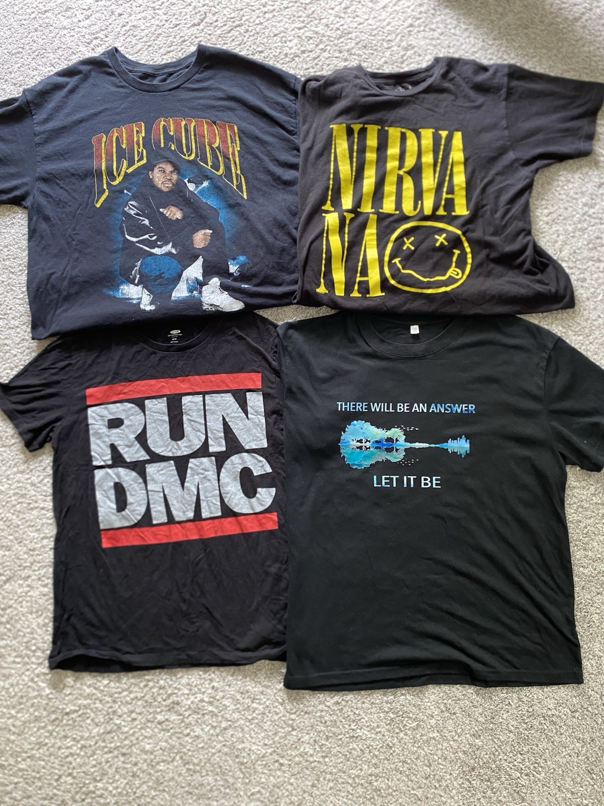 Lot of 4 Mens Music Band T-Shirt Ice cube Nirvana Run DMC The Beatles Sz XL / M