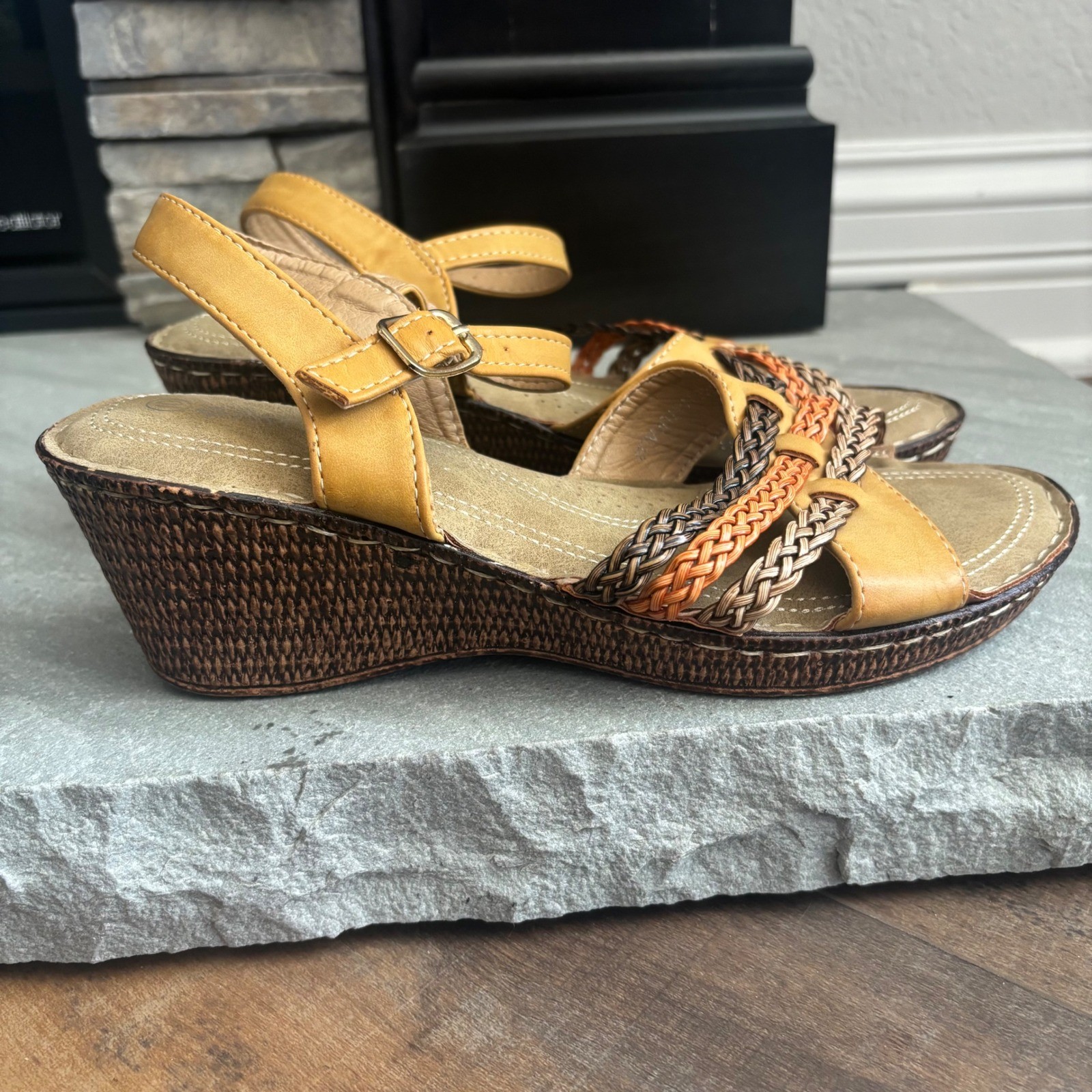 Patrizia Spring Step Wedge Sandals Mustard Yellow Multi Colored Braided Straps