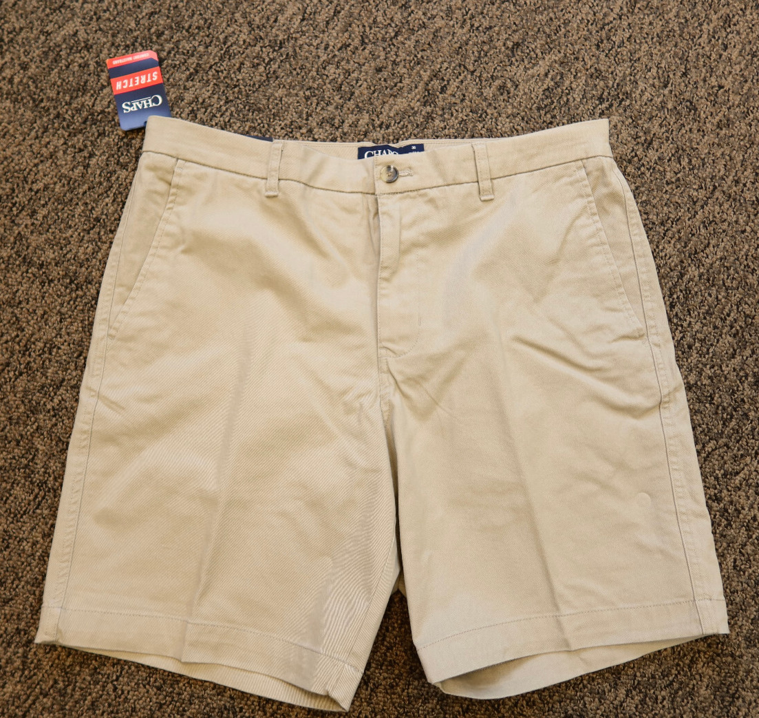 New Chaps Men’s Flat Front Stretch 9″ Shorts with Comfort Waistband – 36 – Khaki