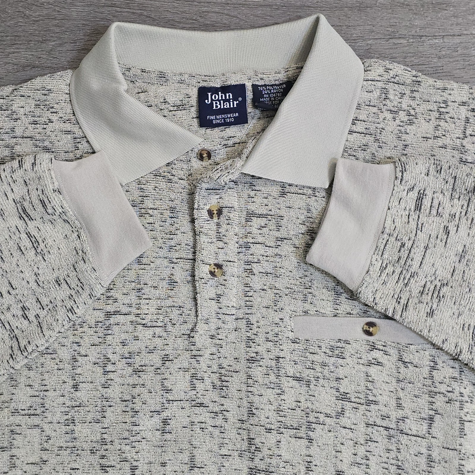 John Blair Fine Menswear Marble Knit Polo Shirt 1/4 Button Collared SoFt Lined L